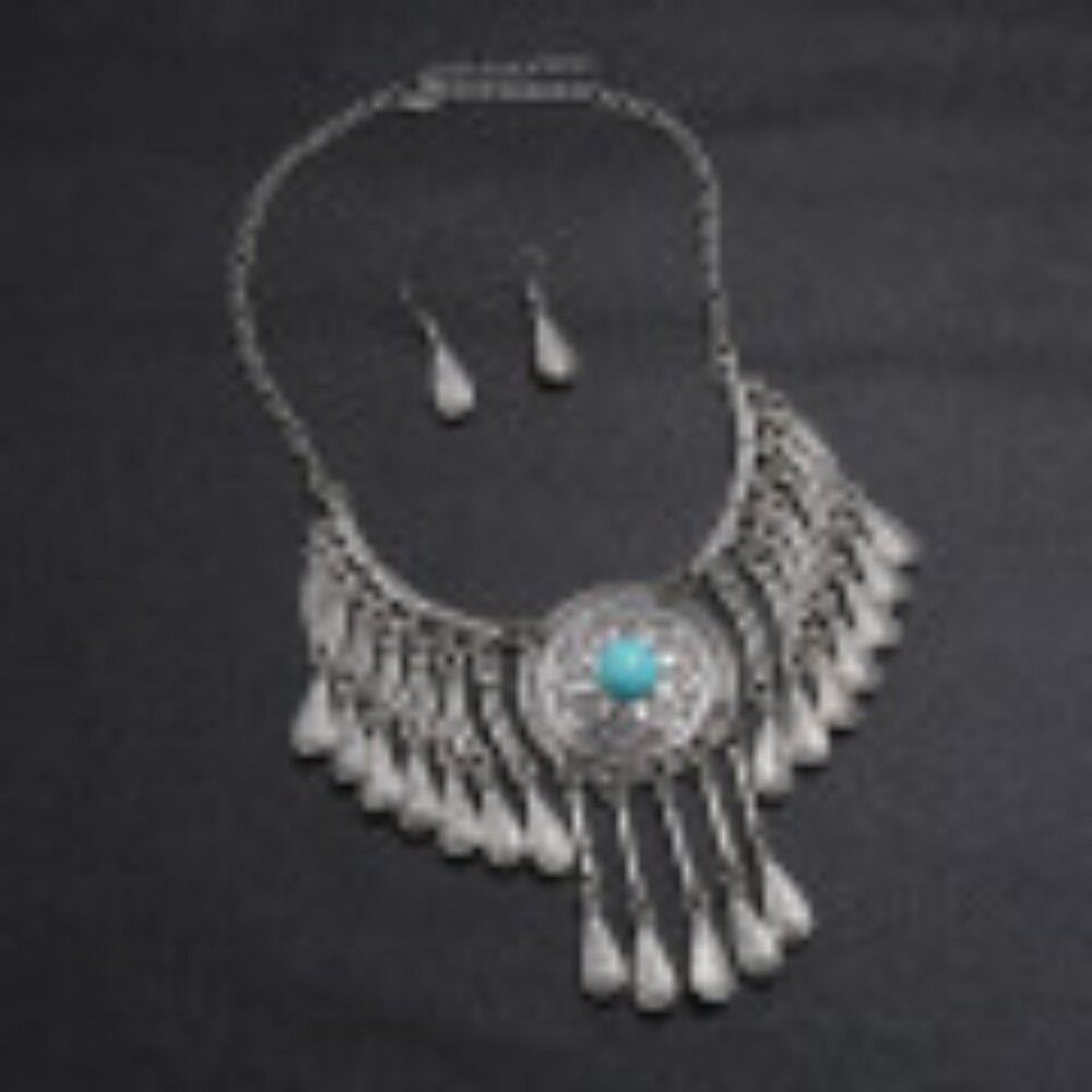 #049 Teardrop Tassel Necklace Set Vintage Geometric Flower Pattern w/Earrings